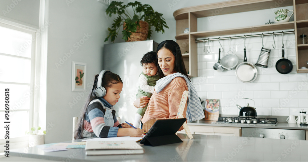 Tablet, learning and child in kitchen with mom for online education, school project and math lesson. Family, digital tech and young girl with homework for research, studying and abacus for counting Tablet, learning and child in kitchen with mom for online education, school project and math lesson. Family, digital tech and young girl with homework for research, studying and abacus for counting