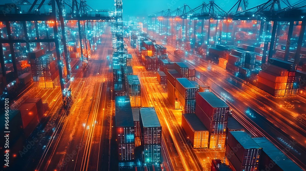 Obraz premium Aerial view of a busy shipping port with containers and illuminated cranes at dusk.