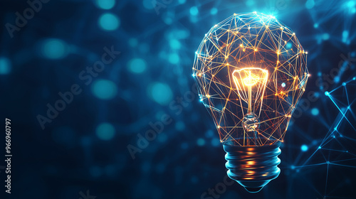 Obraz na płótnie Futuristic light bulb glowing with blue and orange interconnected lines, representing ideas, innovation, technology, and connectivity in an abstract digital space. w salonie