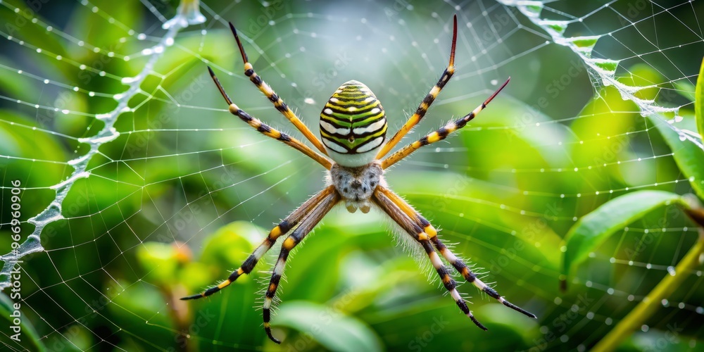Silky strands of silver and yellow Argiope argentata spider weave a delicate hammock between emerald leaves, suspended in stillness. Silky strands of silver and yellow Argiope argentata spider weave a delicate hammock between emerald leaves, suspended in stillness.