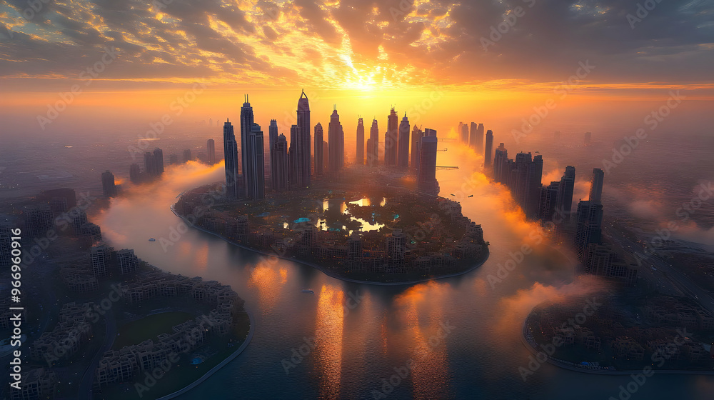 Naklejka premium Aerial view of a city skyline at sunset, reflecting on water with dramatic clouds.