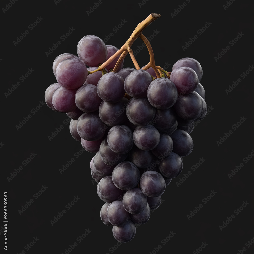 A freshly harvested bunch of dark purple grapes dangling on their vine, set against a dark background, exhibiting their juicy, glossy appearance and vivid color contrast. A freshly harvested bunch of dark purple grapes dangling on their vine, set against a dark background, exhibiting their juicy, glossy appearance and vivid color contrast.