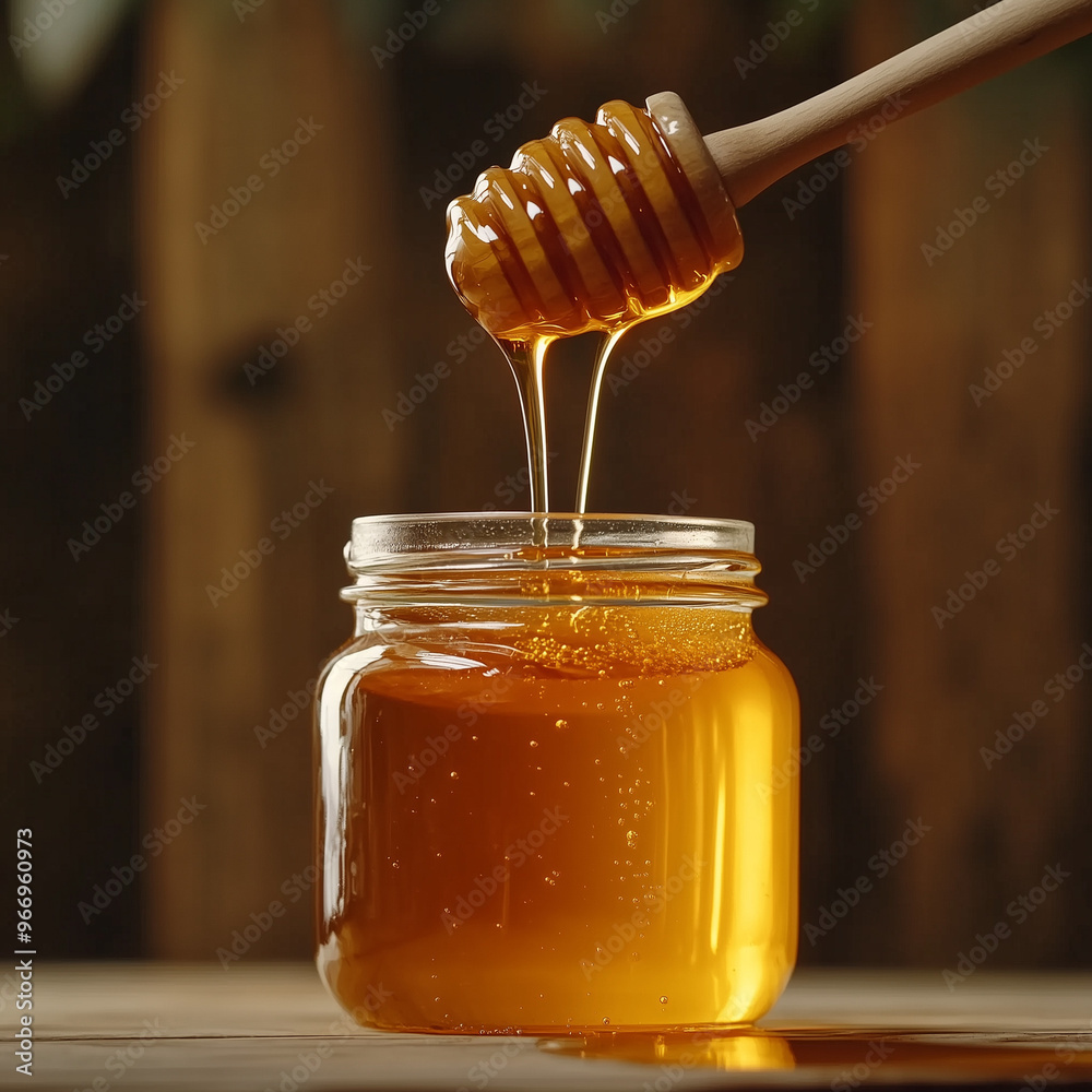 A scene of rich, golden honey being poured into a jar using a wooden honey dipper. The syrup glistens and drips in contrast with the softly blurred dark background.