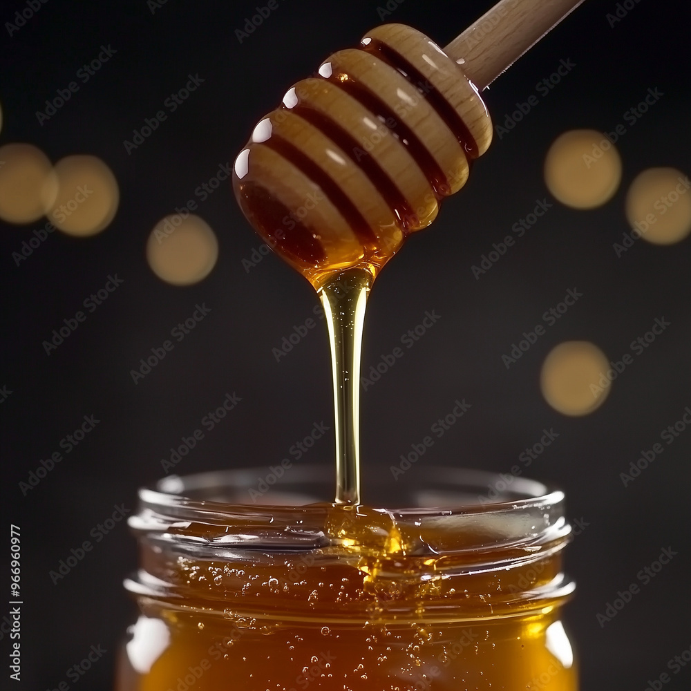 A close-up view of a wooden honey dipper dripping rich, golden honey into a glass jar. The dark background accentuates the honey's glossy texture and liquid gold appearance. A close-up view of a wooden honey dipper dripping rich, golden honey into a glass jar. The dark background accentuates the honey's glossy texture and liquid gold appearance.