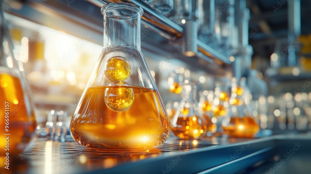 Chemical Laboratory - Yellow Liquid in Glass Flasks. Chemical Laboratory - Yellow Liquid in Glass Flasks.