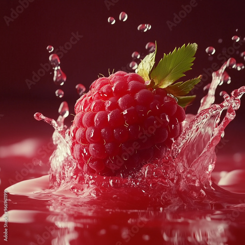 A single raspberry making a splash in water, creating a dynamic and colorful scene with vibrant details and lively motion captured in perfect detail. photo