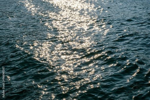 Sunset Reflections, Rippling Water Surface with Golden and Blue Hues at Evening sea wave abstract texture sunlight blue and golden pattern blurred background.