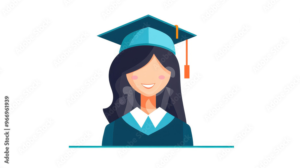 A vibrant flat illustration features a woman proudly donning a graduation cap against a clean background. A vibrant flat illustration features a woman proudly donning a graduation cap against a clean background.