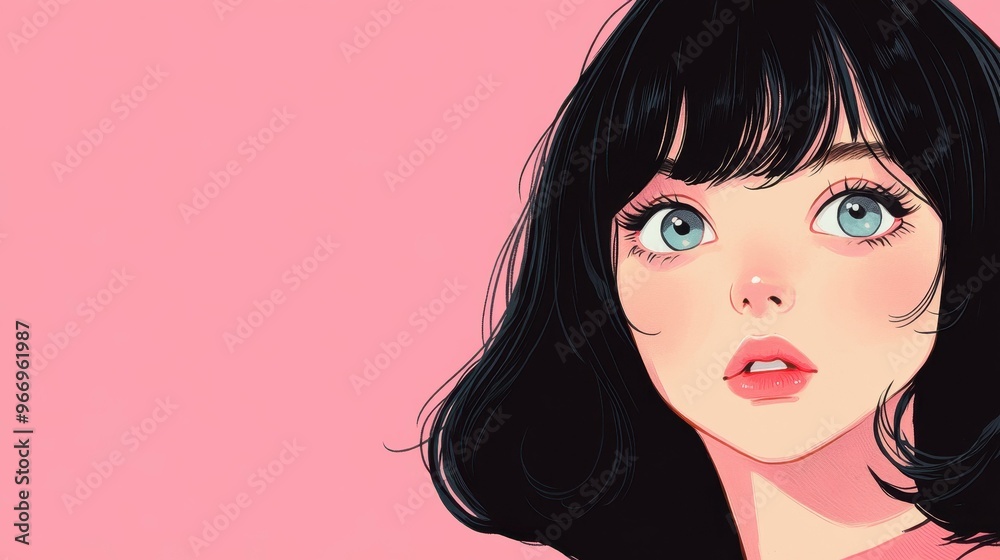 A womans striking expression and chic hairstyle create an enchanting visual tale against a simple backdrop. A womans striking expression and chic hairstyle create an enchanting visual tale against a simple backdrop.