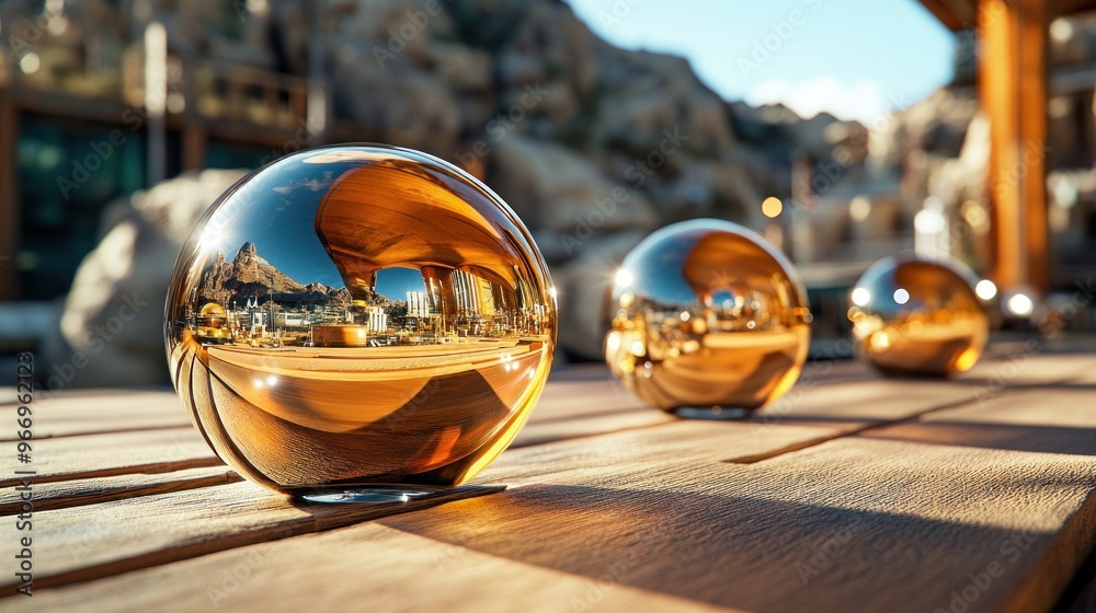 Golden Orb Reflecting Cityscape. Golden Orb Reflecting Cityscape.