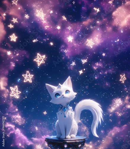 White cat illustration under dreamy starry sky photo