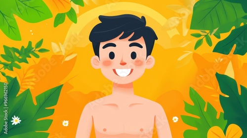 A vibrant illustration featuring a young man in a shirtless avatar poses against a clean backdrop, radiating confidence.