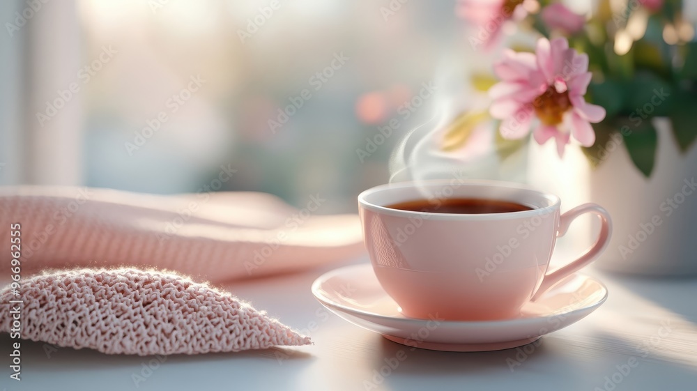 Cozy scene of hot tea on a pale rose-colored saucer, with rich tea contrasting beautifully with soft pink tones. Cozy scene of hot tea on a pale rose-colored saucer, with rich tea contrasting beautifully with soft pink tones.