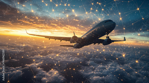 An airplane flying above clouds at sunset, surrounded by a network of glowing connections. photo