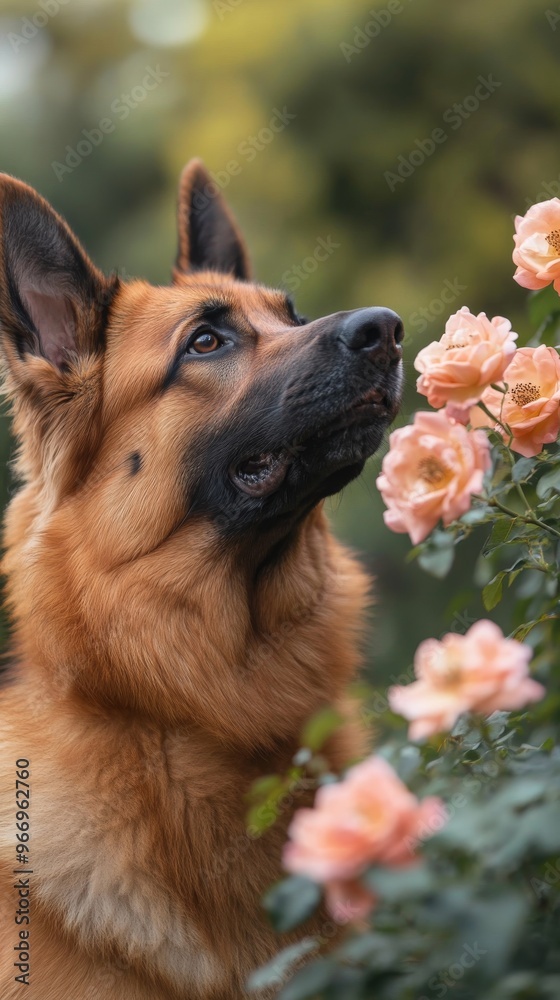 German shepherd dog in garden with pink roses