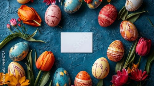 A vibrant Easter card showcases a white square at the center, surrounded by colorful, decorated eggs and blooming flowers on a lively blue backdrop, perfect for spring festivities photo