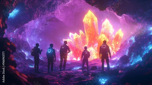 Silhouettes Explore Glowing Crystal Cave