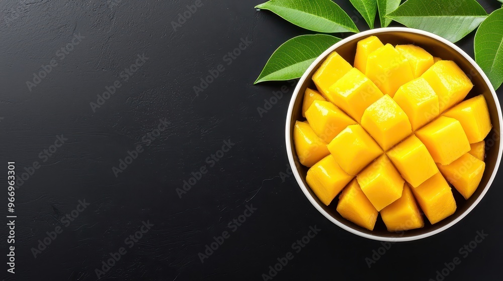 Fresh Diced Mango in Bowl with Green Leaves on Black Background Fresh Diced Mango in Bowl with Green Leaves on Black Background