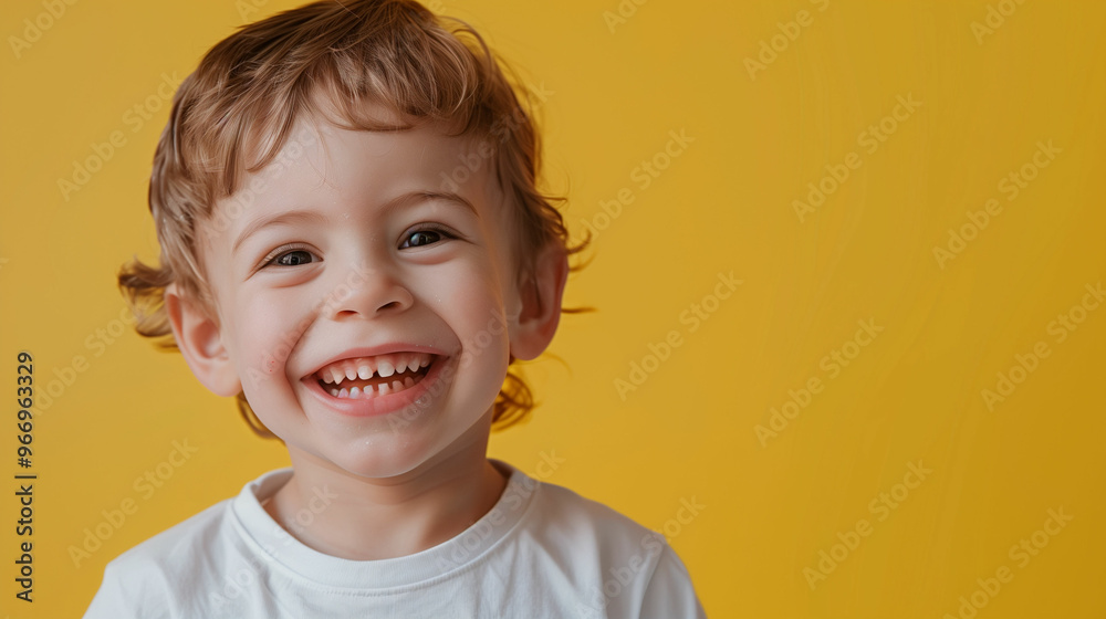 A cheerful young boy with curly hair smiles brightly against a vibrant yellow background in a playful indoor setting A cheerful young boy with curly hair smiles brightly against a vibrant yellow background in a playful indoor setting