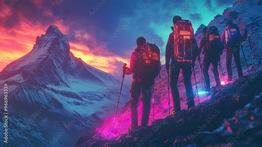 Fototapeta premium Silhouettes of Hikers on Mountain Peak with Neon Glow