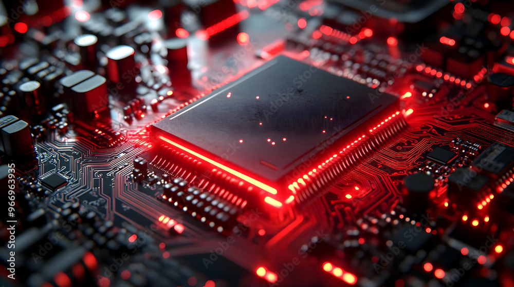 Close-up of a circuit board with glowing components, showcasing technology and design. Close-up of a circuit board with glowing components, showcasing technology and design.