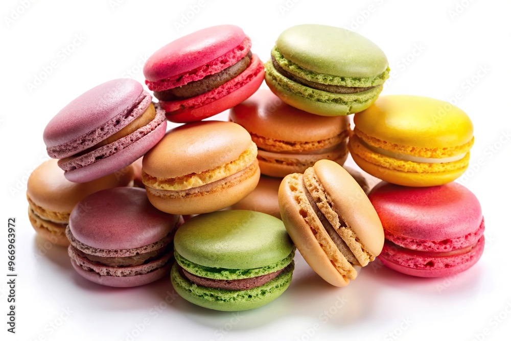 Sweet colorful macarons isolated on white background, high angle view Sweet colorful macarons isolated on white background, high angle view