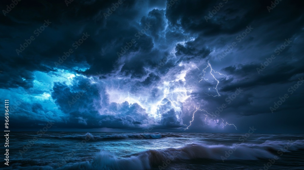 Dramatic storm over the ocean with lightning, night view. Nature power and atmospheric weather concept Dramatic storm over the ocean with lightning, night view. Nature power and atmospheric weather concept