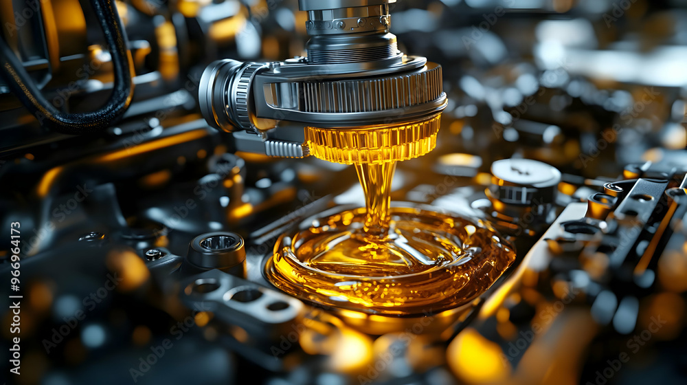 Close-up of a mechanical component with golden liquid, showcasing industrial machinery. Close-up of a mechanical component with golden liquid, showcasing industrial machinery.