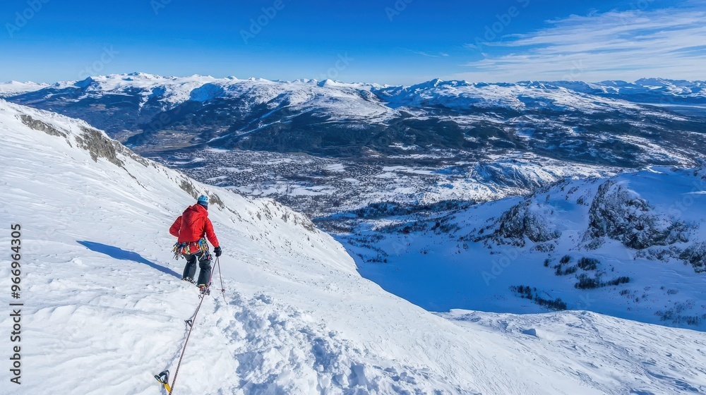 Climber on snowy mountain ridge with panoramic view Climber on snowy mountain ridge with panoramic view