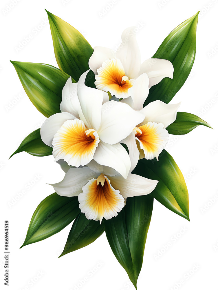 Beautiful illustration of white orchids with yellow accents and green leaves, perfect for botanical designs and floral decor. Beautiful illustration of white orchids with yellow accents and green leaves, perfect for botanical designs and floral decor.