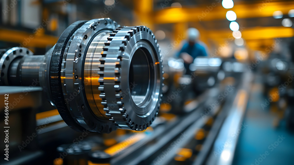 Obraz premium Close-up of industrial machinery component in a factory setting.