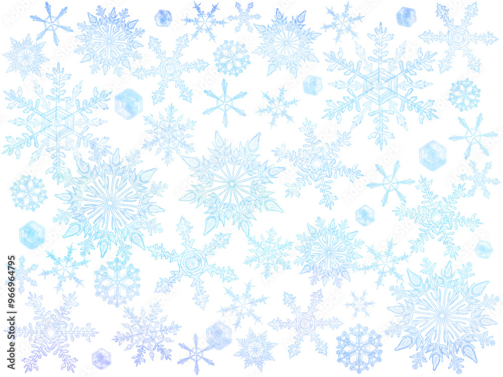 水彩のグラデーションが綺麗な雪の結晶のパターンイラスト。幻想的な冬の世界をイメージ。 水彩のグラデーションが綺麗な雪の結晶のパターンイラスト。幻想的な冬の世界をイメージ。
