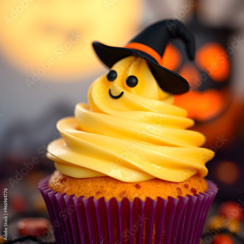 Un lindo panquecillo de halloween que parece un fantasma con un tierno sombrero de brujita