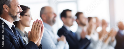 Audience applauding enthusiastically at a corporate event 