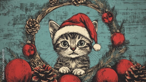 Adorable cat wearing a Santa hat peeking through a circular Christmas frame surrounded by a festive wreath of red ornaments and pine cones Holiday greeting illustration photo