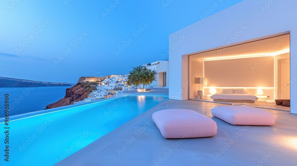 Fototapeta premium Serene night swim: Hotel's illuminated pool