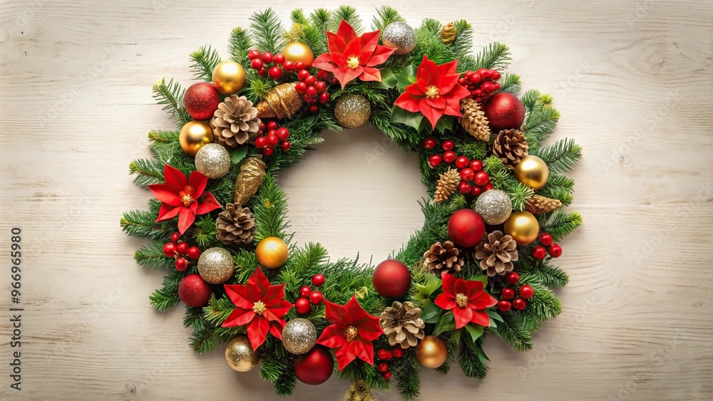 Symmetric Christmas wreath with flowers and decorations Symmetric Christmas wreath with flowers and decorations