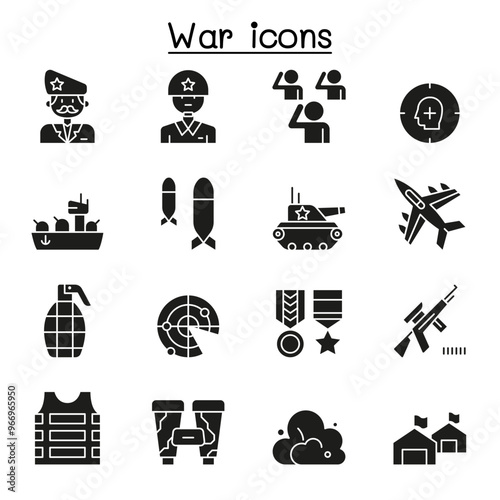 Set of War Related Vector Line Icon. Contains such Icon as soldier, army, military, navy, airforce, bomb, battleship, airplane in glyph style