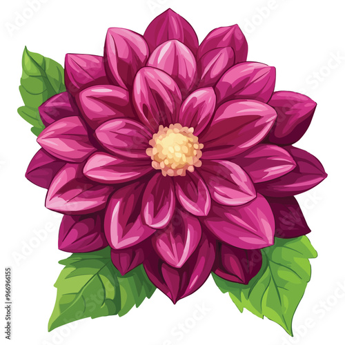 vector magenta dahlia flower clipart with green leaves on the stem