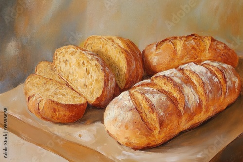 Oil painting depicting delicious bread displayed on a table in close up