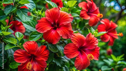 Vibrant red hibiscus blooms burst forth amidst lush greenery, injecting a radiant splash of color into the landscape,
