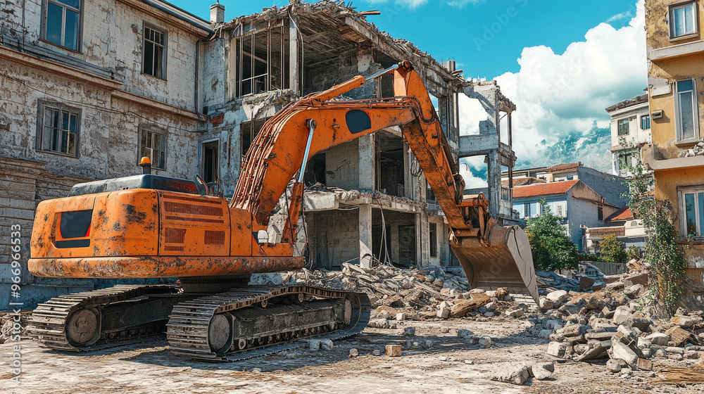 Witness the dismantling of a dilapidated house as an excavator breaks down structures for new development in this impactful demolition scene. Witness the dismantling of a dilapidated house as an excavator breaks down structures for new development in this impactful demolition scene.