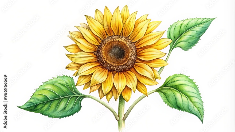 Naklejka premium Vibrant sunflower blooms surrounded by emerald green leaves and sturdy stem, its bright yellow petals shining like rays