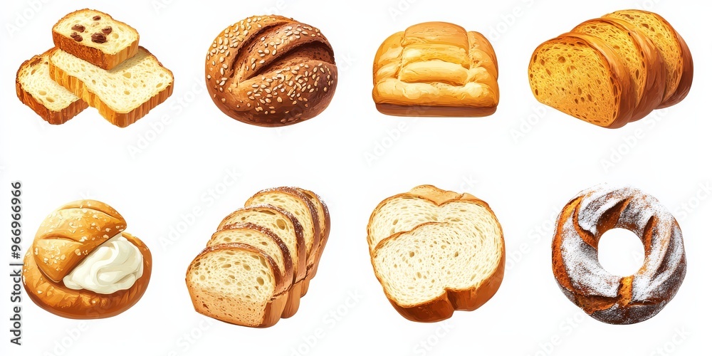 Assorted bread cutouts designed for bakery-themed projects, available in PNG. Assorted bread cutouts designed for bakery-themed projects, available in PNG.
