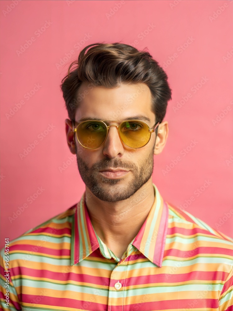 Obraz premium Attractive male model with facial hair wearing a colorful shirt with stripes and yellow glasses on a palin pink background, portrait