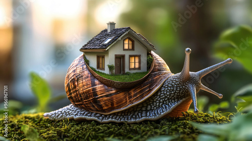 A snail carrying a house on its shell symbolizes easy housing concepts in a lush green environment, perfect for real estate business themes. photo