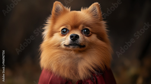 Pomeranian dressed as a vampire with a cape, dog in costume, Halloween pet portrait