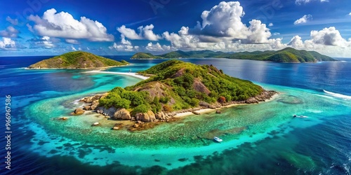 Symmetrical aerial view of Virgin Gorda and Necker Island in the British Virgin Islands.