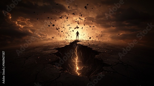 Man Standing at Edge of Earth Crack With Falling Debris