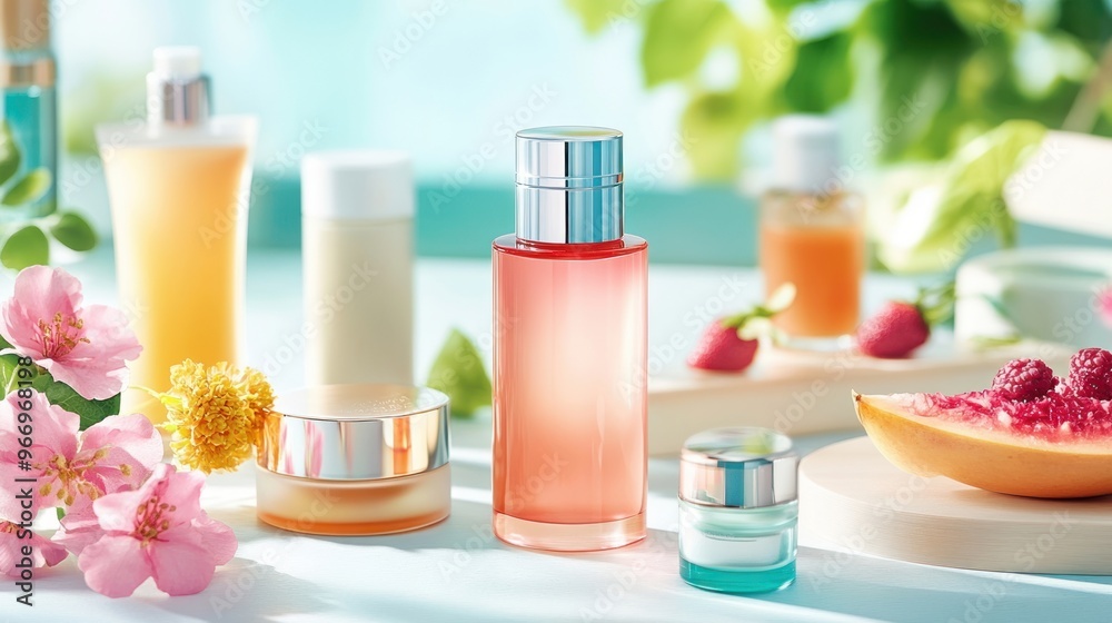 Skincare Products with Flowers and Fruit. Skincare Products with Flowers and Fruit.